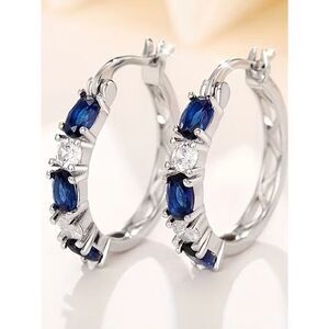 Blue & White Synthetic Sapphire Hoop Earrings Nickel Free Plating December Birth